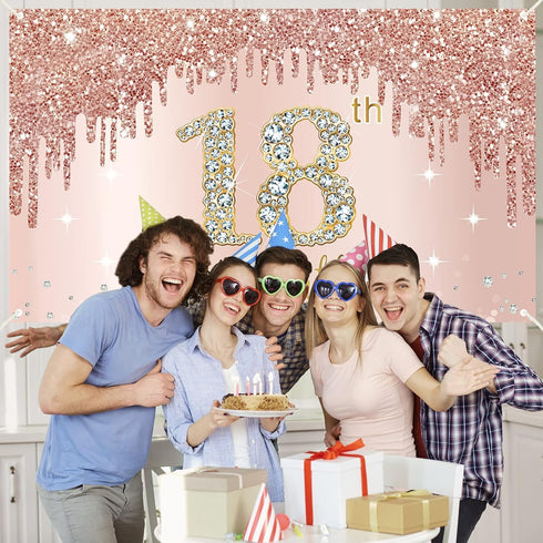 Sweet 18th Birthday Banner Backdrop Decorations for Girls, Rose Gold 18 Birthday Party Sign Supplies, Pink 18 Years Old