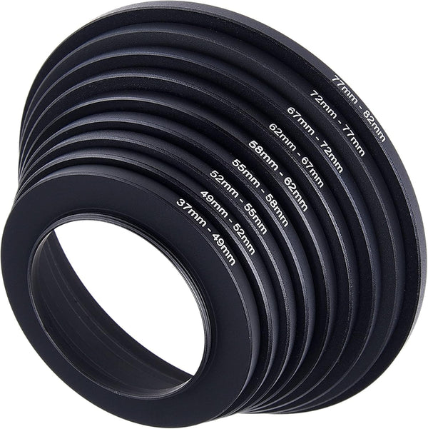 Step Up Lens Filter Adapter Rings - Set of 9 - Fit Larger Size Lens Filters on Smaller Diameter Lens - Sizes: 37-82 mm