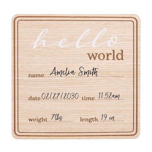 Kate & Milo Wooden Hello World Birth Announcement Photo Prop, Newborn Milestone