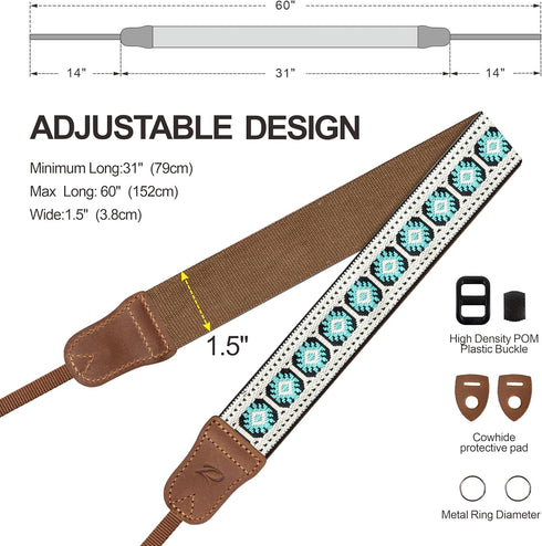 Padwa Lifestyle Camera Strap - 1.5" Crazy Horse Cowhide Head Cotton Strap, Vintage Embroidery for Cameras