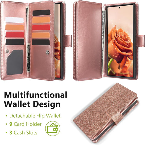 Varikke Detachable Wallet Case for Galaxy S22 Ultra, Glitter Leather Strap Magnetic Flip Cover for Women - Rose Gold