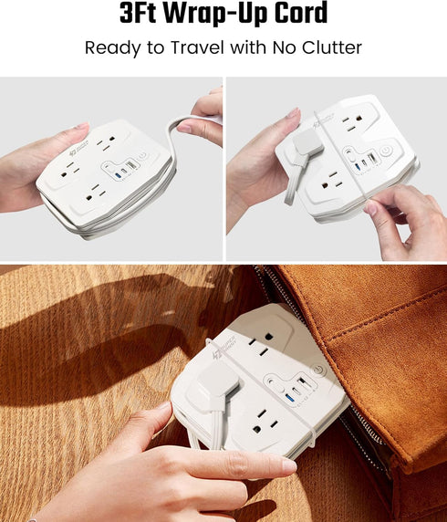 20W Travel Power Strip, SUPERDANNY 3-Foot Extension Cord with 3 Outlets & 3 Fast Charging USBs, White