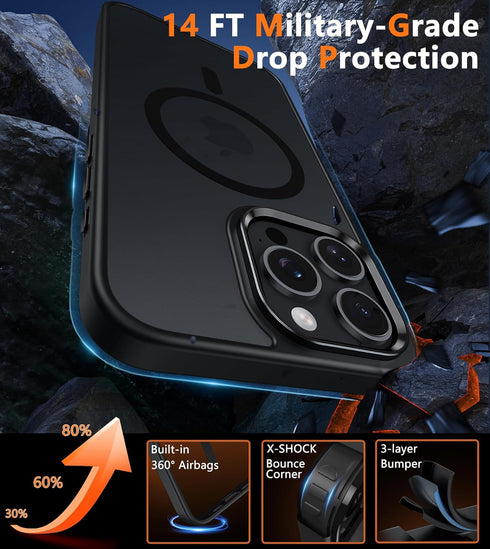FNTCASE iPhone 15 Pro Max Case: Slim Shockproof Black Cover with Strong Magnetic, Screen & Camera Protectors,