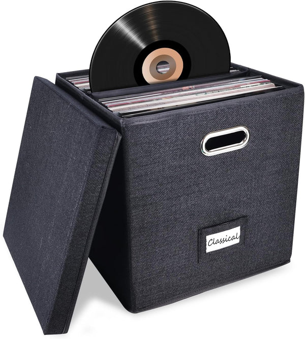 Sturdy Vinyl Record Storage Box - Black Album Storage Holds 50+ Single Records, LP Organizer Crate with Lid