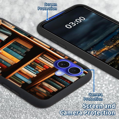 BFSEROBJ 17 2025 17 6.3 inch for iPhone Case with Bookshelf Pattern Design Ultra-Thin Black Soft TPU Silicone Shock