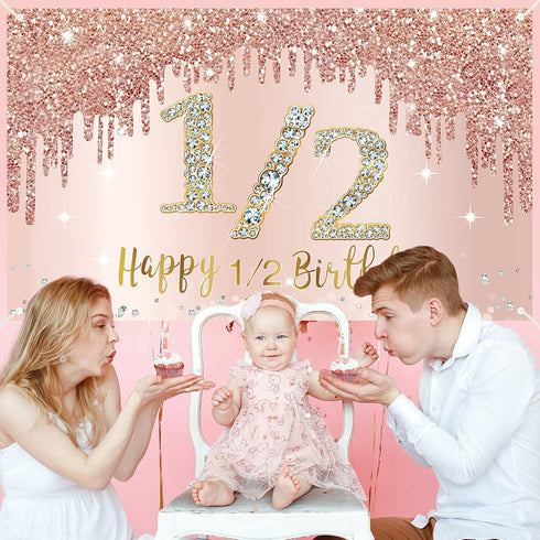 Happy 1/2 Birthday Banner Backdrop Decorations for Girls, Rose Gold Half Birthday Party Sign Supplies, Pink 6 Months