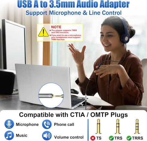 USB 3.0 Male to 3.5mm TRRS Female Headphone Jack Adapter, USB-A to Aux Audio Dongle Cable, 0.6 Feet