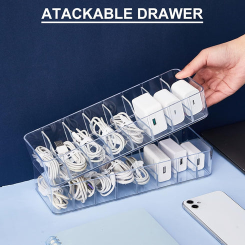 Tatuo 4 Pcs Plastic Cord Storage Organizer Box, Electronics Cable Charger Organizer with Removable Dividers (Clear)