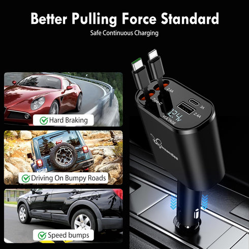Retractable Car Charger, 66W 4 in 1 Super Fast Charge Adapter, 31.5 inch Cables, 2 USB Ports for iPhone 15/14/13