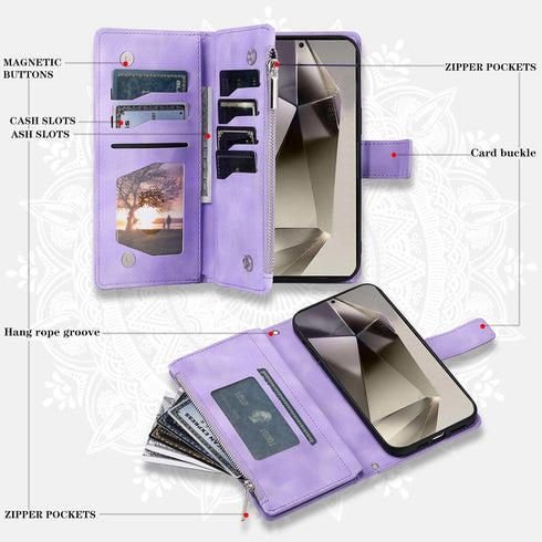 Phone Case for Samsung Galaxy S24 Ultra 5G Wallet Cover With Tempered Glass Screen Protector and Wrist Strap Mandala Flower Flip Zipper Card Holder Cell S24Ultra 24S S 24 24Ultra Women Men Purple