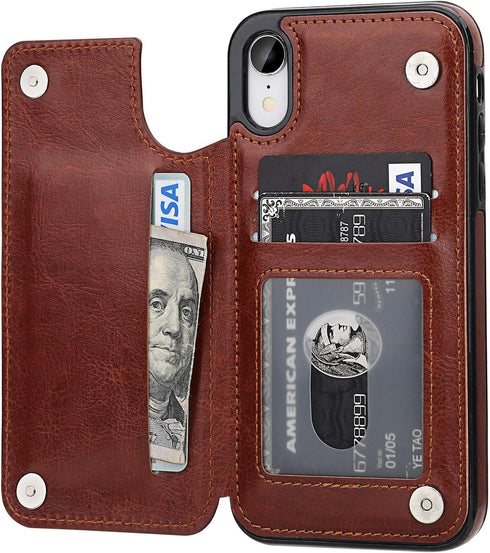 iPhone XR Wallet Case with Card Holder, Premium PU Leather Kickstand, Double Magnetic Clasp, Shockproof Cover (Brown)