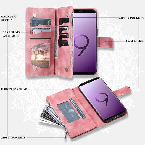 Asuwish Wallet Case for Samsung Galaxy S9 - Mandala Flower Leather, Zipper Card Holder, Tempered Glass, Rose Gold.