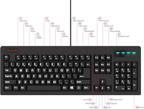 New 104-Key Large Print USB Wired 7ft, Spill-Resistant, Sleek Black, Durable Keyboard for Laptop, Mac, TV, and Computer (Black)