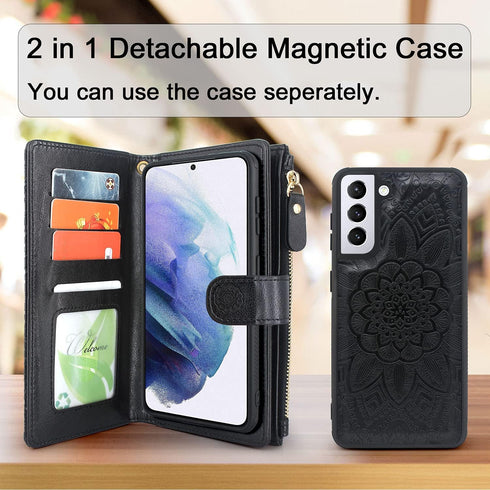 Harryshell Detachable Magnetic Zipper Wallet Case - Leather Cash Pocket with 12 Card Slots for Samsung Galaxy S21+