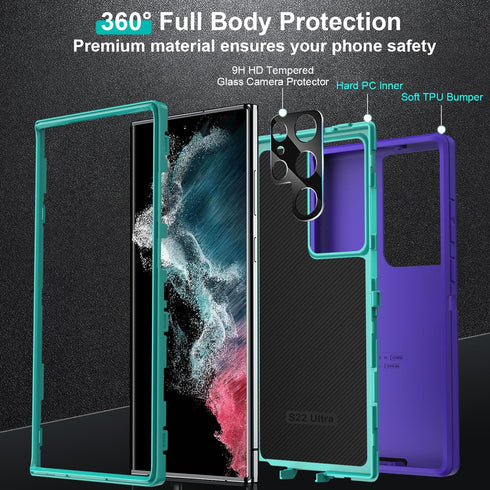 FEIYAR HOME Samsung Galaxy S22 Ultra Case, Military Grade Shockproof with 2 Camera Lens Protectors, Purple Green