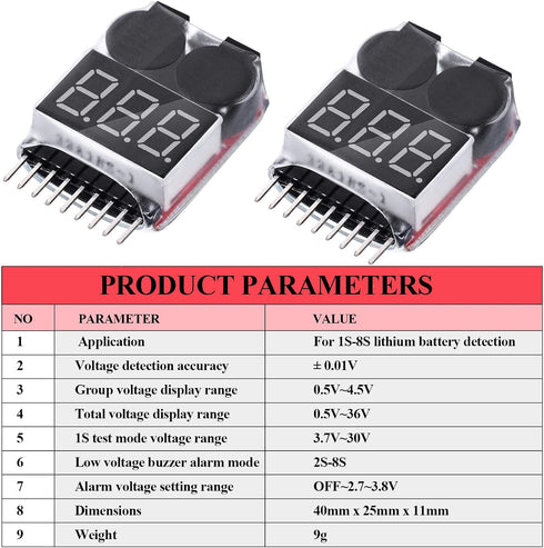 10 Pieces 2-in-1 Lipo Battery Voltage Tester Low Voltage Buzzer Alarm for 1-8s Battery Capacity Monitor
