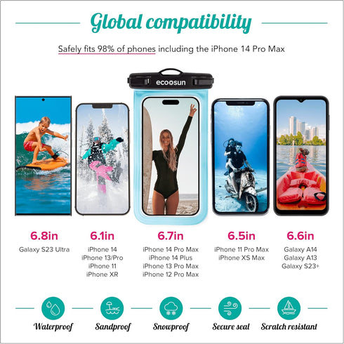 Waterproof Phone Pouch (2-Pack), Fits All iPhones (incl. 15 Pro Max), Samsung Galaxy S24 & More - Black/Blue