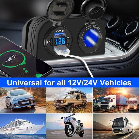 3 in 1 Tent Type Panel, PD Charger Socket + QC3.0 Dual USB Car Charger + 12V/24V Cigarette Lighter Socket + LED