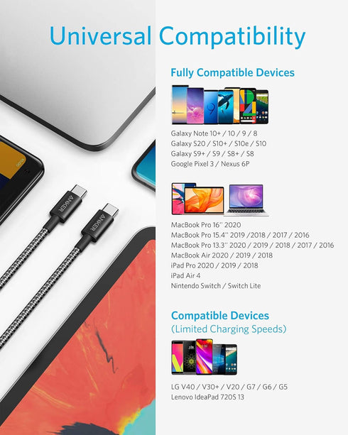 Anker 10ft USB C Cable 100W, Type C to USB C, Fast Charge for iPhone 15, MacBook, iPad, Samsung Galaxy S23.
