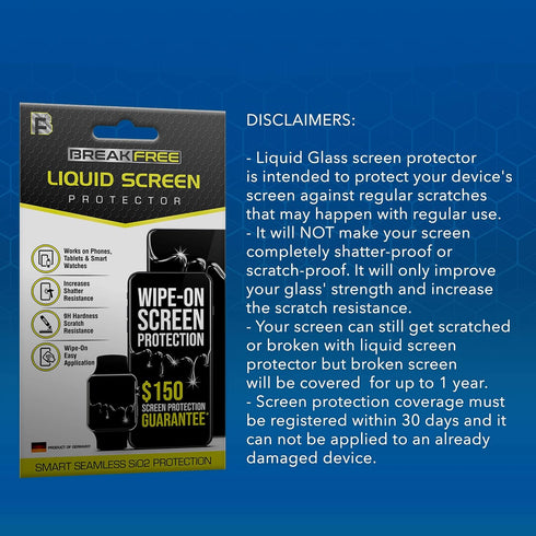BREAK FREE Liquid Glass Screen Protector | Universal Fit for Phones, Tablets & Smart Watches | $150 Coverage, Scratch &