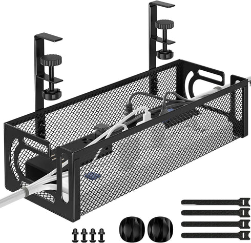 Under Desk Cable Management Tray, Cable Organizer, Cord Management Box for Office, Home, No Drill Required