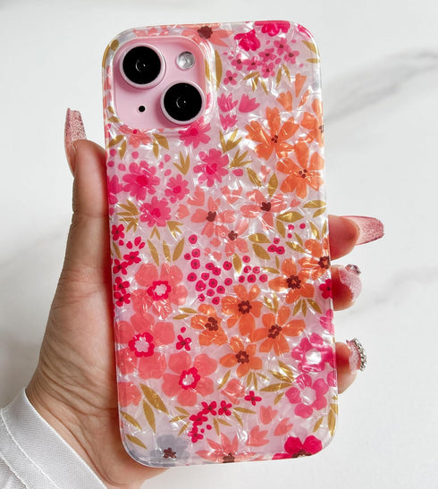 Qokey Cute Flower Case for iPhone 14/13, Shell Pattern Soft Bumper Lightweight Slim Fit TPU Shockproof (Pink Floral)