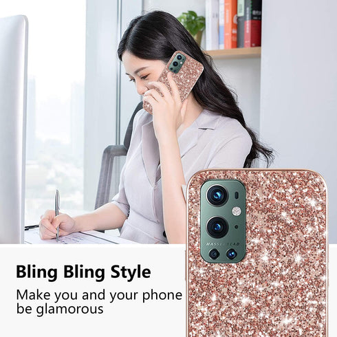 Compatible with OnePlus 9 Pro Case Glitter Shockproof,OnePlus 9 Pro Phone Case Bling Sparkly Soft TPU and PC Silicone Shiny Girl Women Thin Protective Cover (Rose Gold)