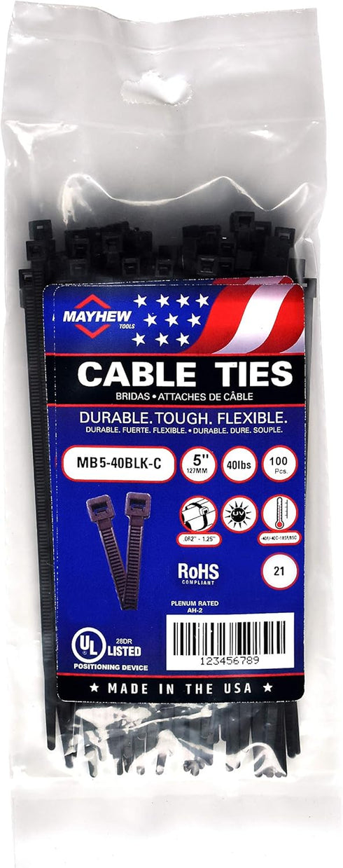 Mayhew Tools MB5-40BLK-C Nylon Cable Ties, UV Black, 5-Inch with 40-Pound Tensile Strength