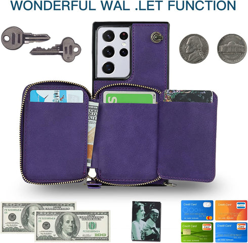 Asuwish Wallet Case for Samsung Galaxy S21 Ultra 5G - Leather, Zipper Card Holder, Tempered Glass Protector, Purple.