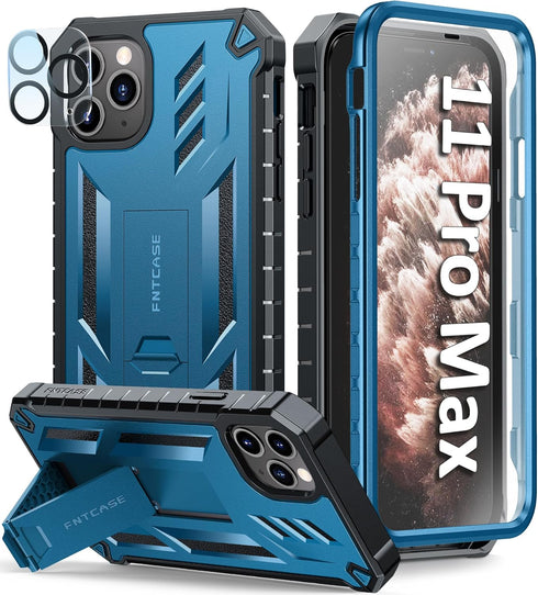 FNTCASE iPhone 11 Pro Max Case: Heavy Duty Blue Shockproof Dual Layer with Kickstand - Military Grade Protection.