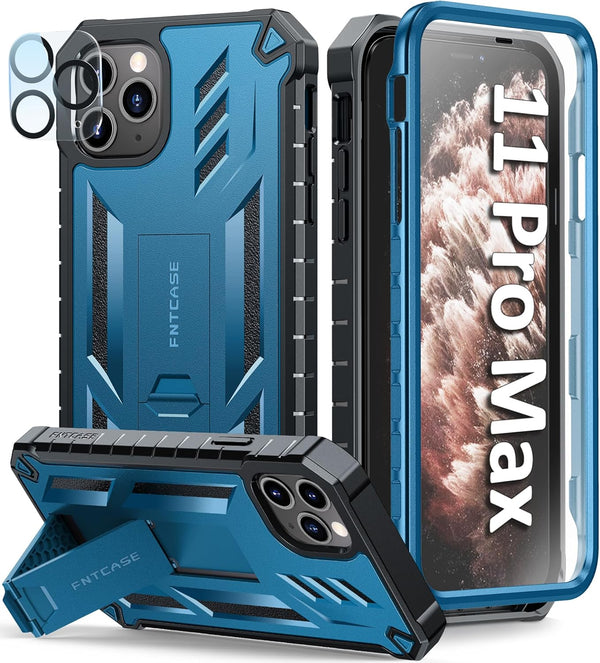 FNTCASE iPhone 11 Pro Max Case: Heavy Duty Blue Shockproof Dual Layer with Kickstand - Military Grade Protection.
