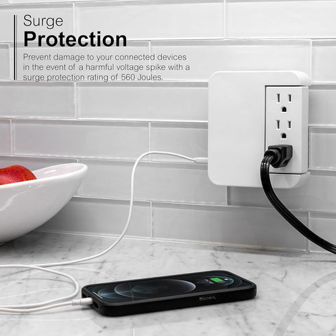 GE Pro Side-Access Swivel Surge Protector, 5-Outlet Extender with 2 USB Ports, Wall Tap Adapter