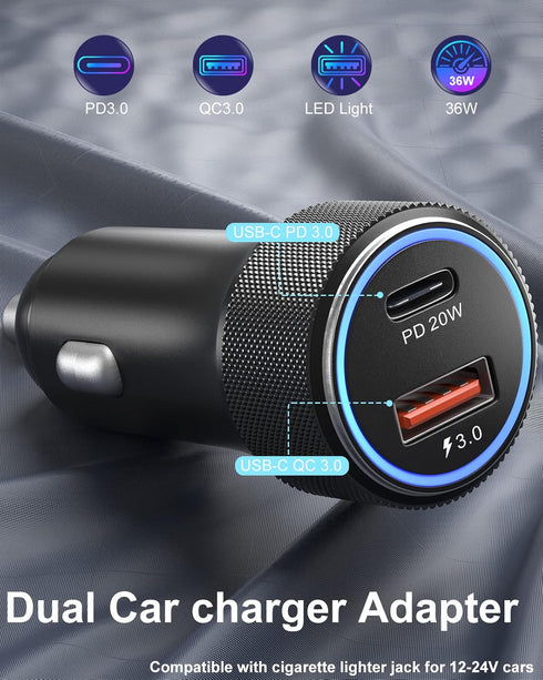 Car Charger, 38W 2-Port Fast Charging Cigarette Lighter USB-C Car Charger, iPhone Car Charger 2 Pack for iPhone 15 Plus/15 Pro/15 Pro Max/iPad Pro/Air, Samsung Galaxy S24 S23 S22 S21-6FT Type C Cable