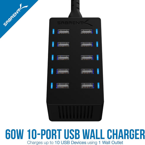 SABRENT 60 Watt 10-Port Family-Sized Desktop USB Rapid Charger, 6 Micro USB Cables, Black