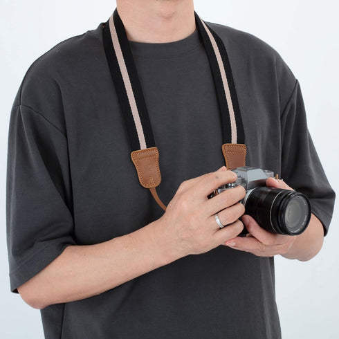 Padwa Lifestyle Black Striped Camera Strap - 1.5" Wide Vintage Crazy Horse Cowhide Head Cotton Straps,Adjustable Neck Shoulder Woven Camera Straps for All DSLR Cameras and Photographers Christmas gift