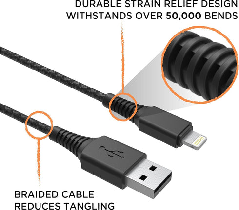 EcoSurvivor 4 ft. USB-A to Lightning Cable, Braided, Tangle-Free, Apple Certified, Black/Gray, 50% Charity Give Back,