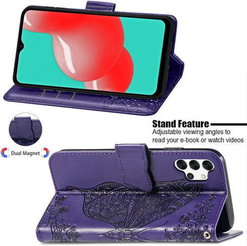 PU Leather Wallet Flip Phone Case with Wrist Strap, Card Slots Holder, Emboss Butterfly Flower Stand Case for Samsung