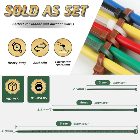 8 Inch PA66 100 3.6mm 45 Lbs, Green Zip Ties, Pcs Heavy Duty Plastic Wire Ties with Premium Self-locking Nylon Cable