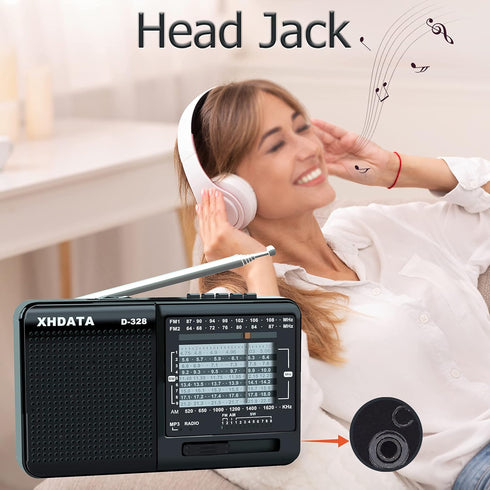 D-328 Portable Multi Band Radio Stereo MP3 Player with Rechargeable Battery, Earphone Jack, USB, Micro SD (Black)