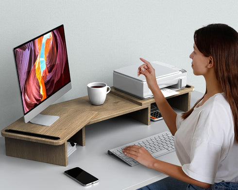 Zimilar Large Oak Dual Monitor Stand Riser with Adjustable Length and Angle, Wood Monitor Stand for 2 Monitors with
