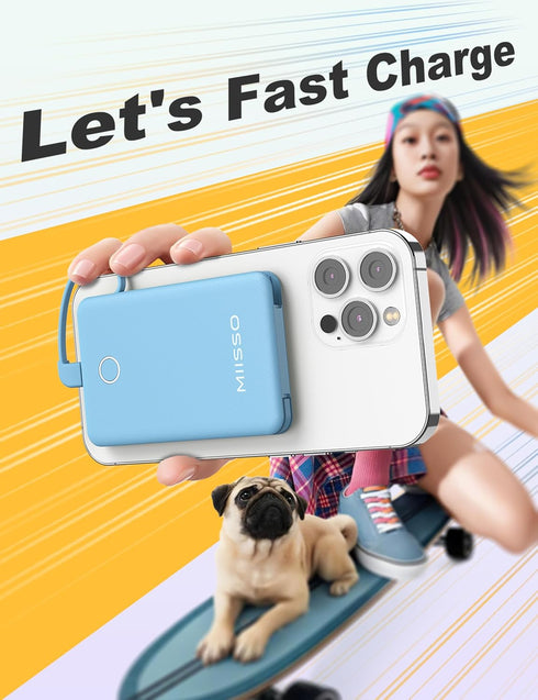 6000mAh Ultra Slim Power Bank, Card Size with Built-in USB C Cords, Portable Charger for Phones, Blue