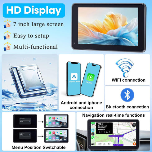 Befumly 3-Min 7 Inch 1080P Commuters Easy Install Portable Wireless Carplay Screen: Plug-Play Support Apple CarPlay