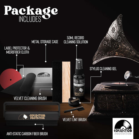 Vinyl Record Cleaning Kit - Vinyl Cleaner for Records, includes Soft Velvet & Carbon Fiber Record Cleaning Brush, Record Cleaning Solution, Microfiber Cloth & Stylus Cleaner Gel