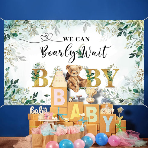 Tegeme Bear Baby Shower Backdrop, We Can Bearly Wait Watercolor Green Leaves Banner for Photography
