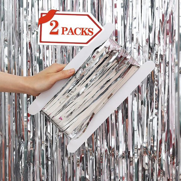 2 Pcs Silver Metallic Tinsel Foil Fringe Curtains, 3.28 ft x 6.56 ft Streamers for Party Decorations Supplies