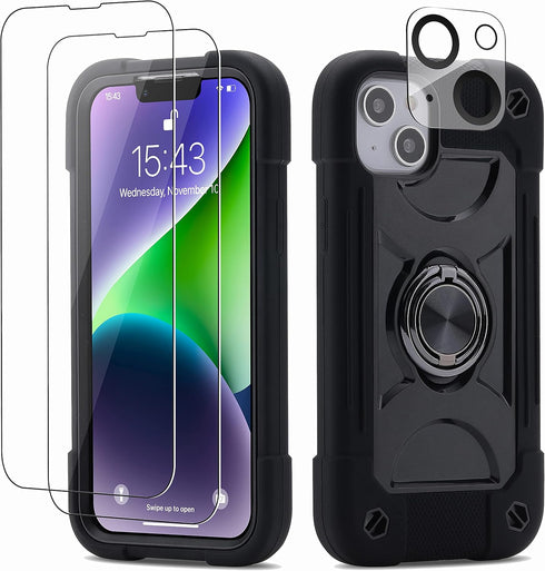 iPhone 14 Plus Case 6.7" - Heavy-Duty Rugged Cover (Black) with Ring Stand, 2 Glass Screen Protectors & 1 Camera Lens