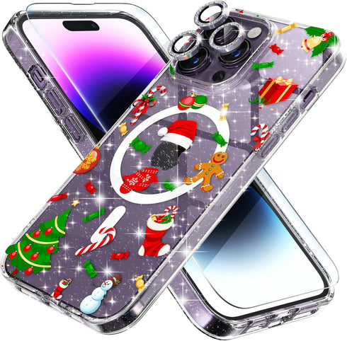 Choiche iPhone 14 Pro Magnetic Case - Glitter Christmas Tree, Clear Bling, with 3x Diamond Lens & 2x Tempered Glass