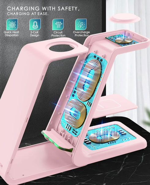 Wireless Charging Station - 3 in 1 Fast Desk Charger for iPhone 15/14/13/12/11 Pro Max/X/Xs Max, AirPods, iWatch (pink)