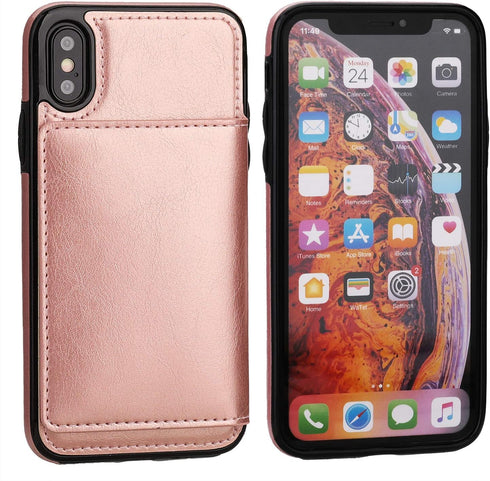 KIHUWEY Premium Leather Wallet Case for iPhone X/Xs, Credit Card Holder, Durable Shockproof Kickstand Cover