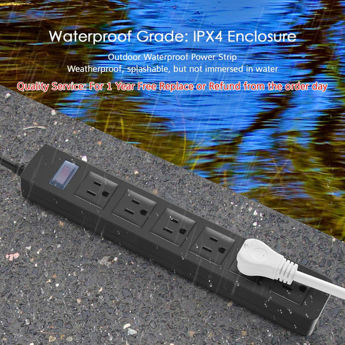 Outdoor Power Strip Waterproof, 6 Outlets, Garden Weatherproof Surge Protector, 6FT Extension Cord, Black
